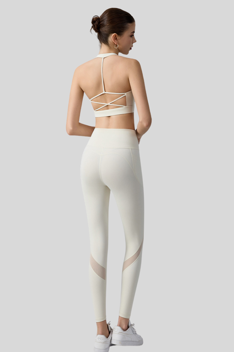 Women's Sets:Cross-Back Halterneck Bra & Mesh-Panel Leggings