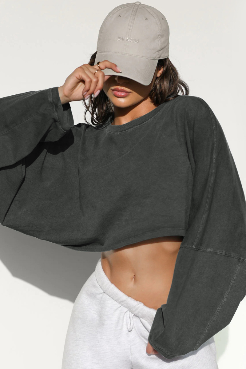 Women's Fall Cropped Drop Shoulder Relaxed Long Sleeve Top
