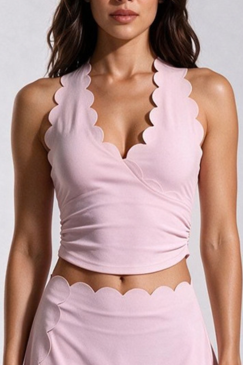 Women's Scalloped Halter Neck Side Pleated Sports Tank Top