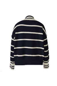 Women's Contrast Stripe Collared V Neck Knit Sweater