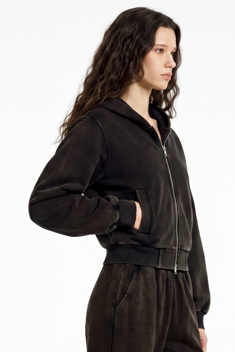 Women's Fall Vintage Washed Distressed Cropped Zip Up Jacket
