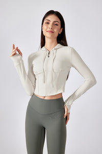 Women Hooded Drawstring Short Slim Outdoor Sports Fitness Yoga Jacket