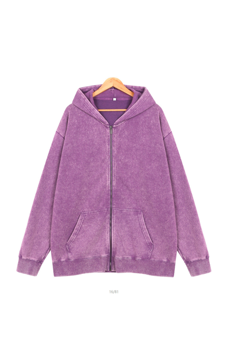 Unisex Fall Washed Vintage Zip-Up Hooded Sports Jacket