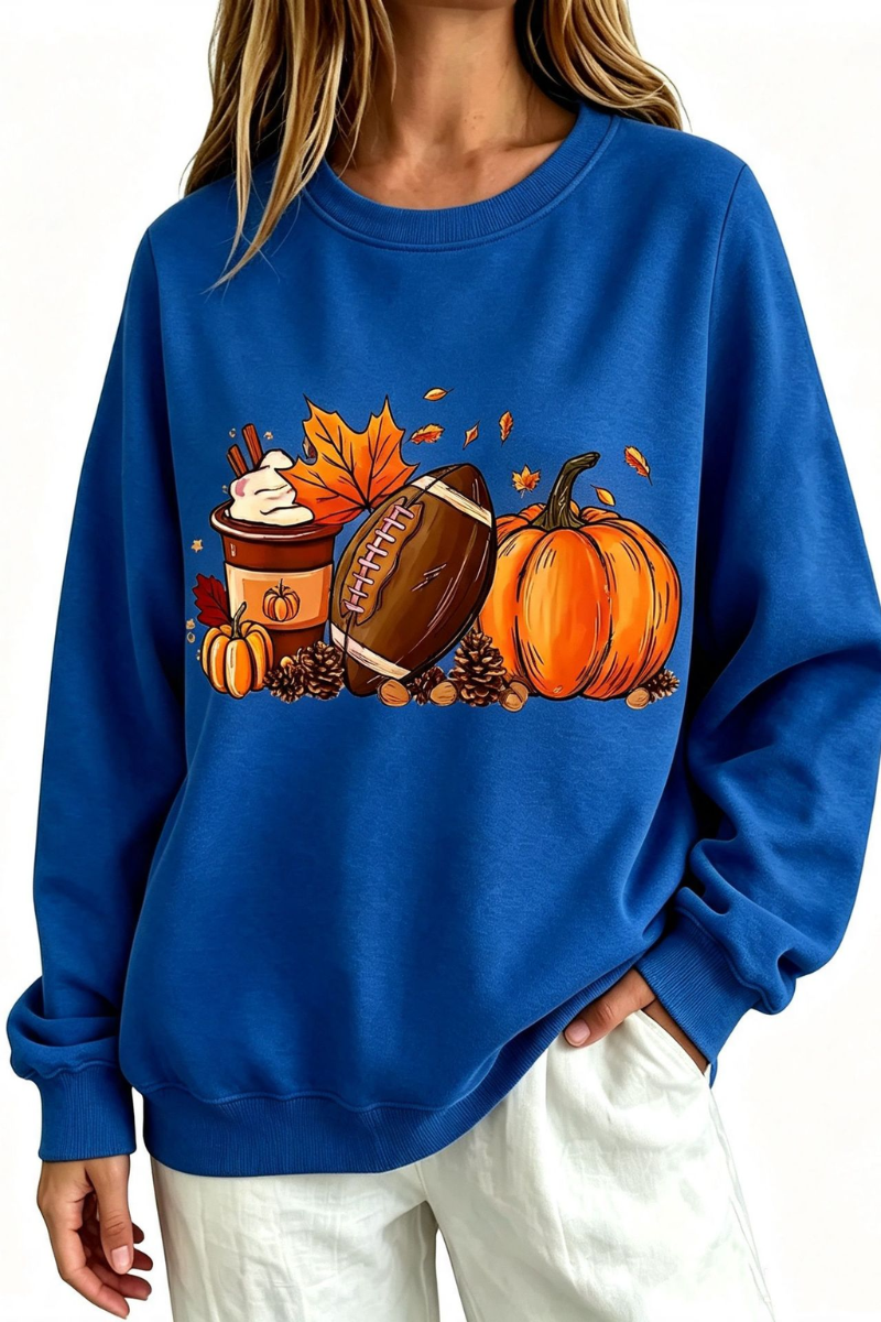Women's Fall Halloween Pumpkin Football Coffee Print Thin Sweatshirt