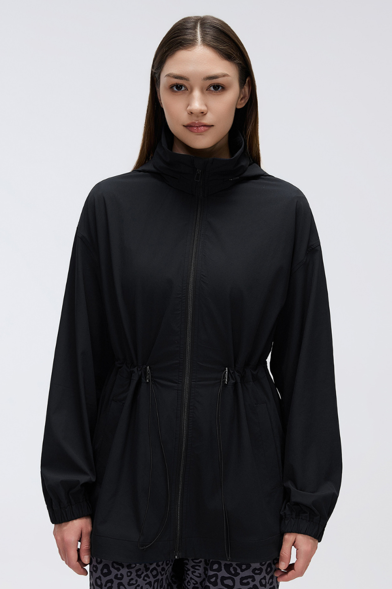Women's Packable Drawstring Hooded Mid Length Jacket