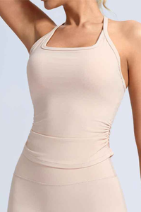Women's Athletic Halter Side Pleated Long Yoga Tank Top