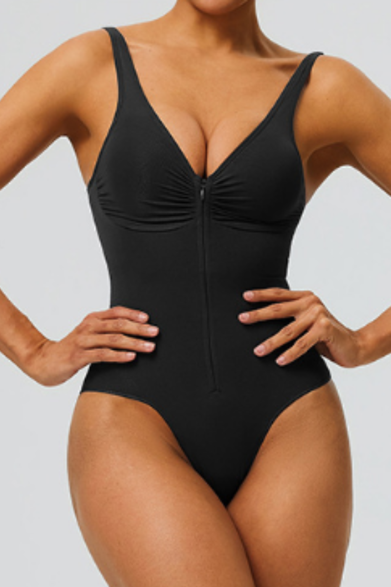 Women's Seamless Pleated Zipper V-neck Sports Bodysuits