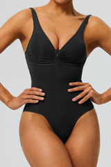 Women's Seamless Pleated Zipper V-neck Sports Bodysuits