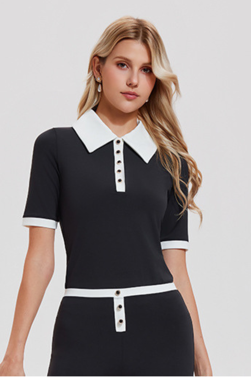 Women's Vintage Polo Collar Color-Block Sports Tennis Tee