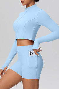 Women's Sport Set:Mock Neck Jacket And Side Pocket Shorts