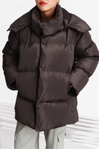 Women's stand-up collar bread-style hooded cotton jacket.