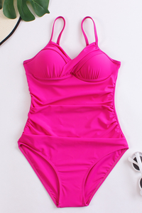 Women's Deep V Ruched High Waist Backless One Piece - Solid