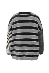 Women Crew Neck Contrast Stripe Distressed Hem Knit Sweater