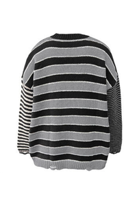 Women Crew Neck Contrast Stripe Distressed Hem Knit Sweater