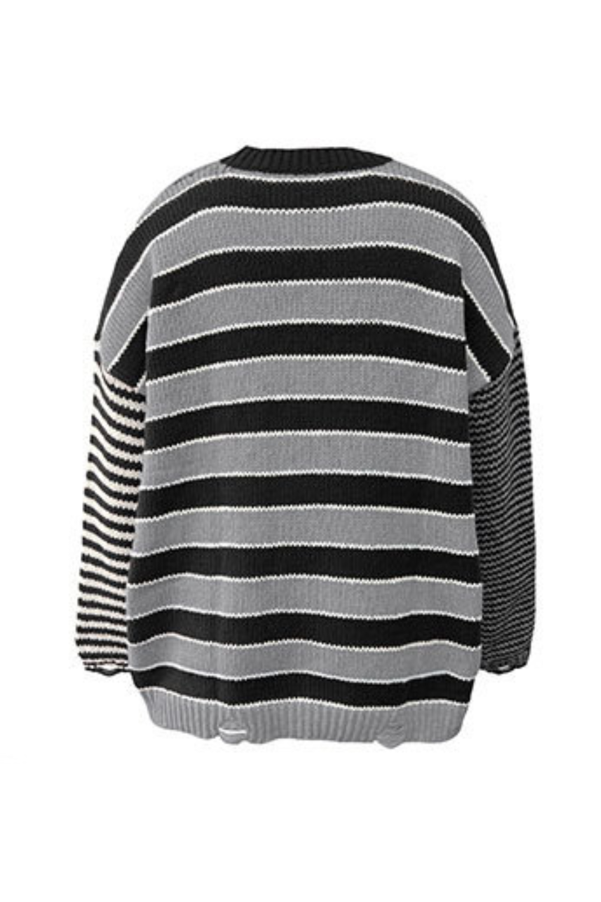 Women Crew Neck Contrast Stripe Distressed Hem Knit Sweater