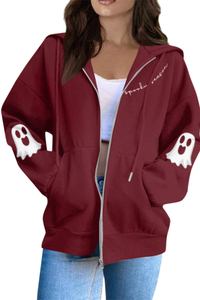 Women Halloween Ghost Print Zip Up Hoodie