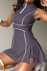 Women's Half Zip Stand Collar Sleeveless Split   Dress