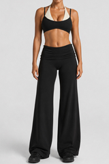 Women's Two-Piece Look Bra And Ruched Waist Wide-Leg Pants Yoga Set