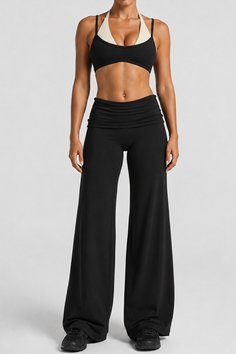 Women's Two-Piece Look Bra And Ruched Waist Wide-Leg Pants Yoga Set