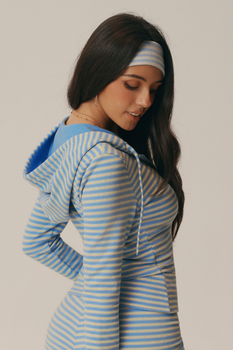 Women's Striped Drawstring Hooded Zip Crop Jacket