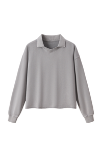Unisex Fall 100% Cotton Washed Boxy V-Neck Polo Sweatshirt