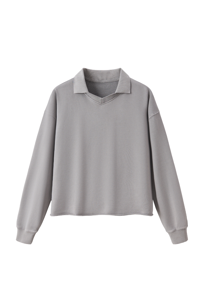 Unisex Fall 100% Cotton Washed Boxy V-Neck Polo Sweatshirt
