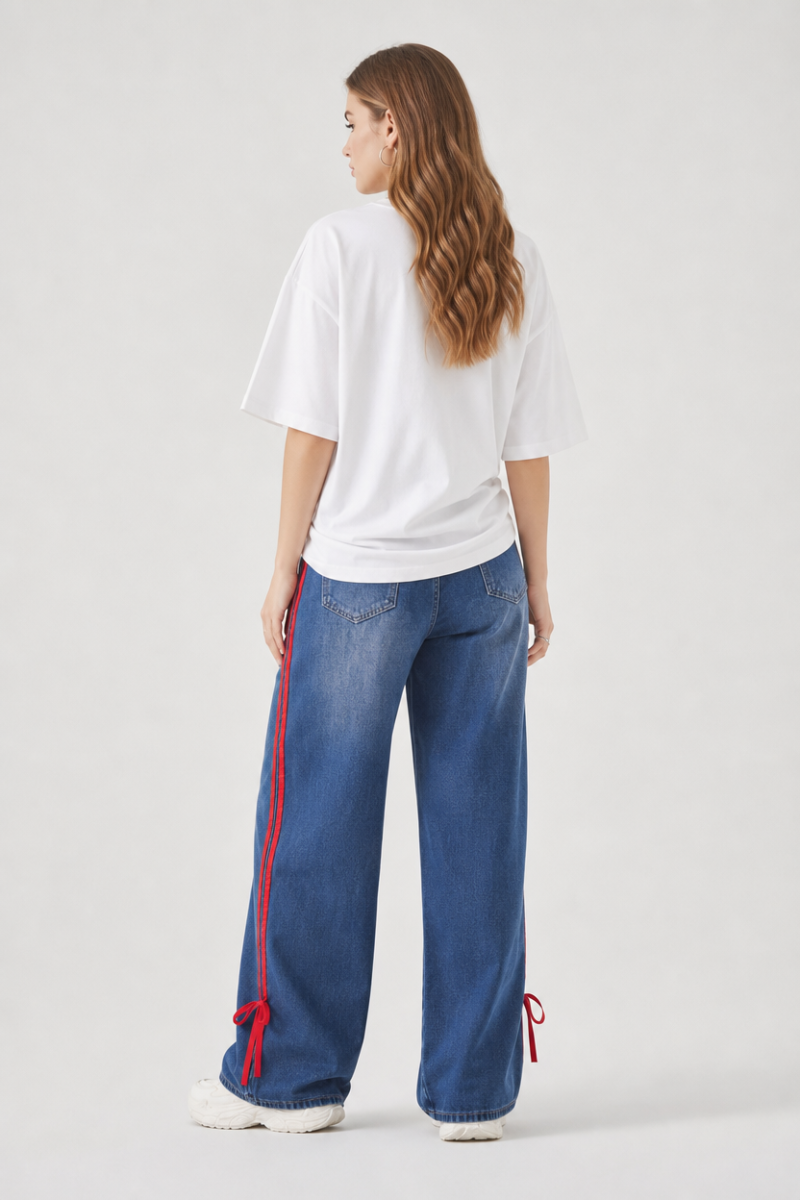 Women's High Waist Wide Leg Jeans with Red Side Stripe
