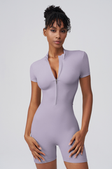 Women's Round Neck Zip Sculpting Long Sleeve Shorts Jumpsuit