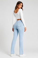 Women's Light Blue Wash Stretch Slim Straight Leg Jeans