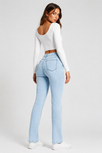 Women's Light Blue Wash Stretch Slim Straight Leg Jeans