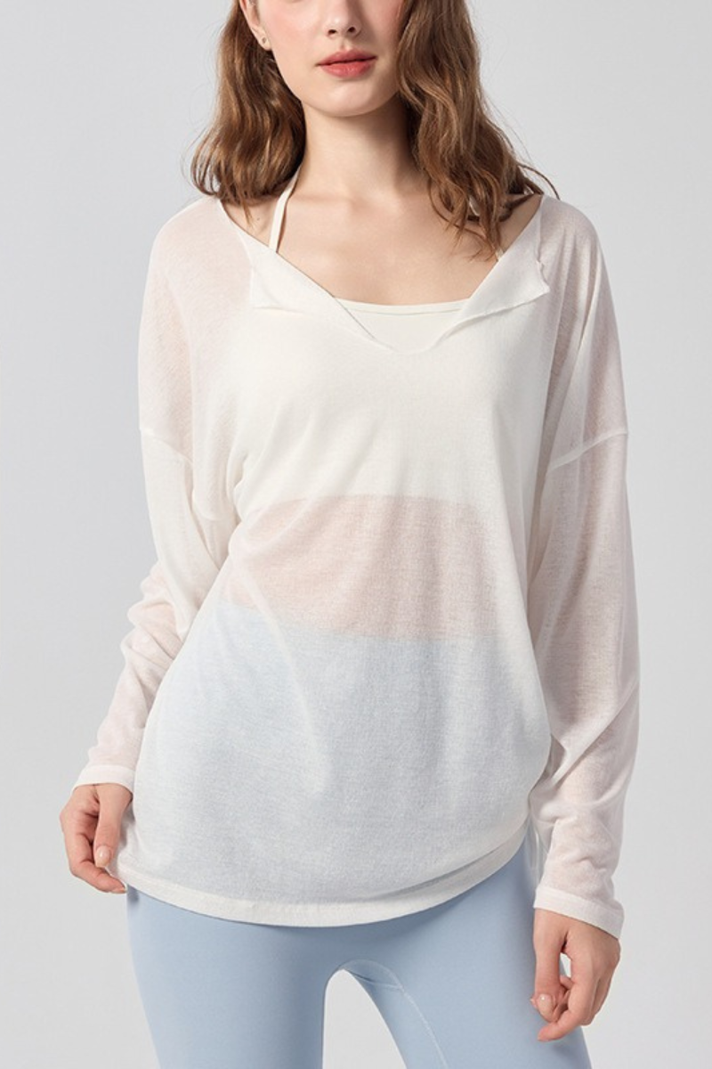 Women's Sheer Notched V-Neck Drawstring Yoga Long Sleeve Top