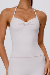 Women's Solid Halter Neck Pleated Padded Sports Tank Top