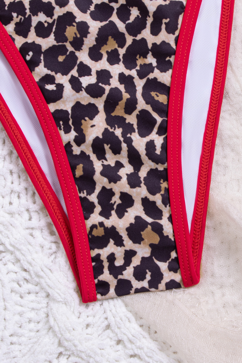 Women's Leopard Print Colorblock Halter 3 Piece Bikini Set