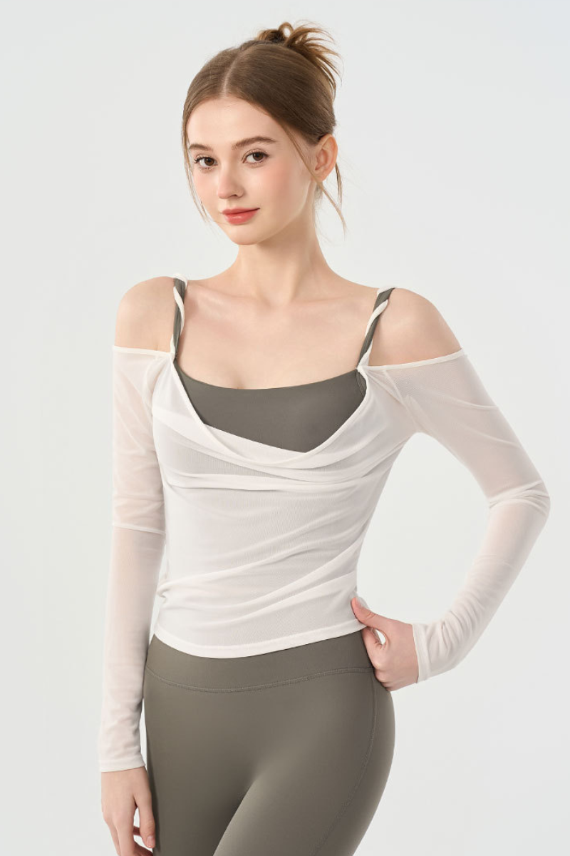 Women’s Twist Strap  Sheer Off-Shoulder Padded Yoga Top