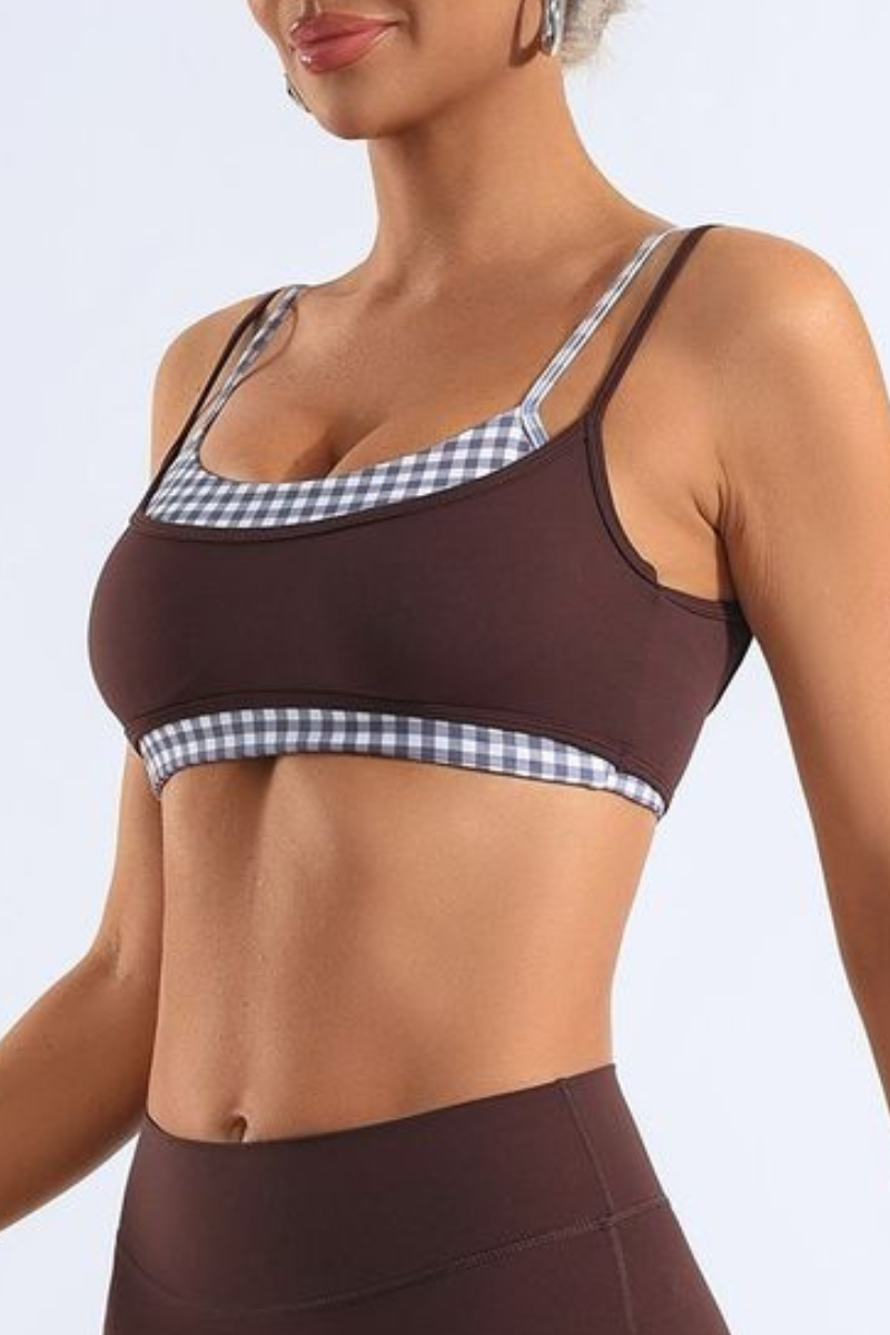 Women's Bare Feel Plaid Patchwork Double Thin Strap Yoga Bra