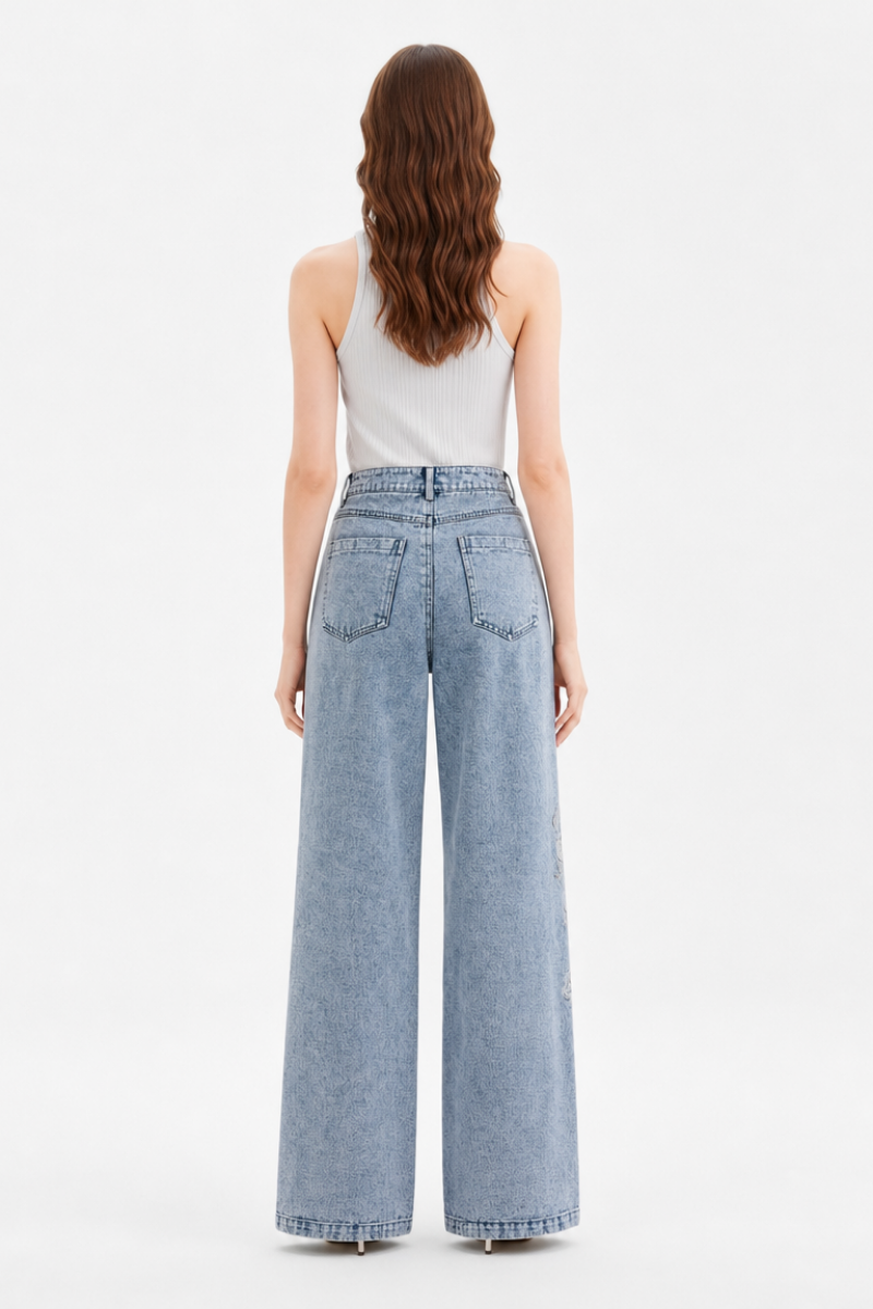 Women's High Waist Floral Embroidered Wide Leg Jeans