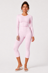Women's Brushed Crew Neck Long Sleeve T-shirt And Capri Yoga Set