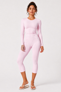 Women's Brushed Crew Neck Long Sleeve T-shirt And Capri Yoga Set