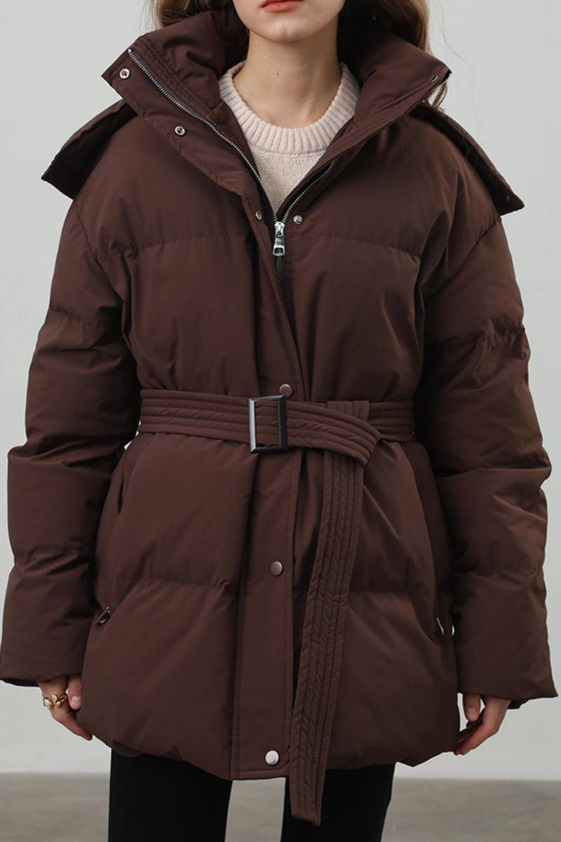 Women's hooded mid-length cotton jacket with waist tie.