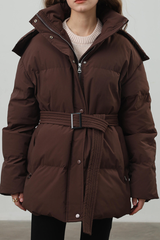 Women's hooded mid-length cotton jacket with waist tie.