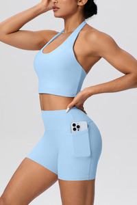Women's Sport Set:Halterneck Tank Top And Side Pocket Shorts