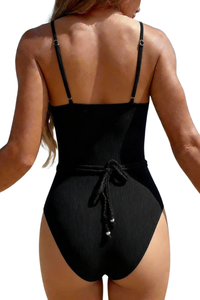 Women's Textured U-Neck High Waist Woven Belt Bikini Set
