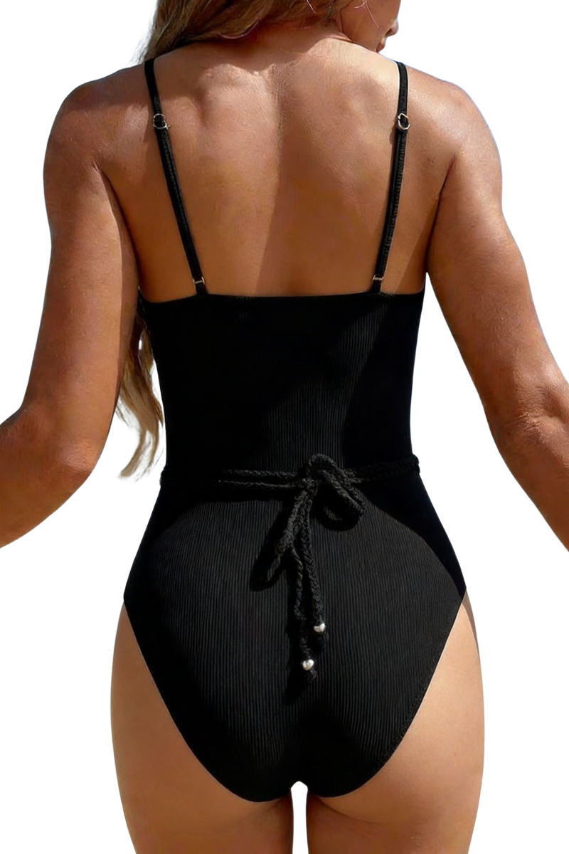 Women's Textured U-Neck High Waist Woven Belt Bikini Set