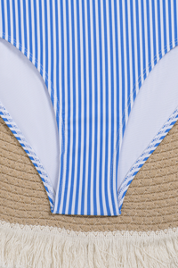 Women Blue White Striped Halter Tie Knot One Piece Swimsuit