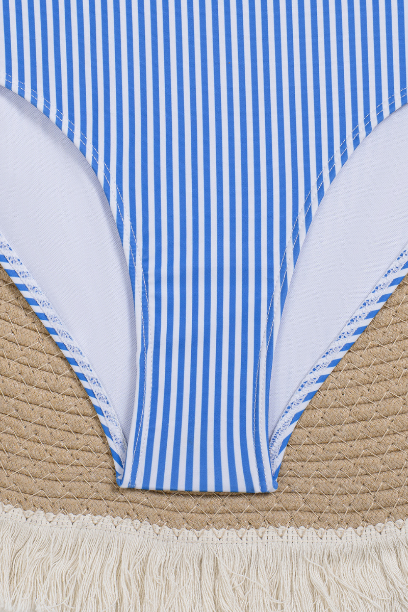 Women Blue White Striped Halter Tie Knot One Piece Swimsuit