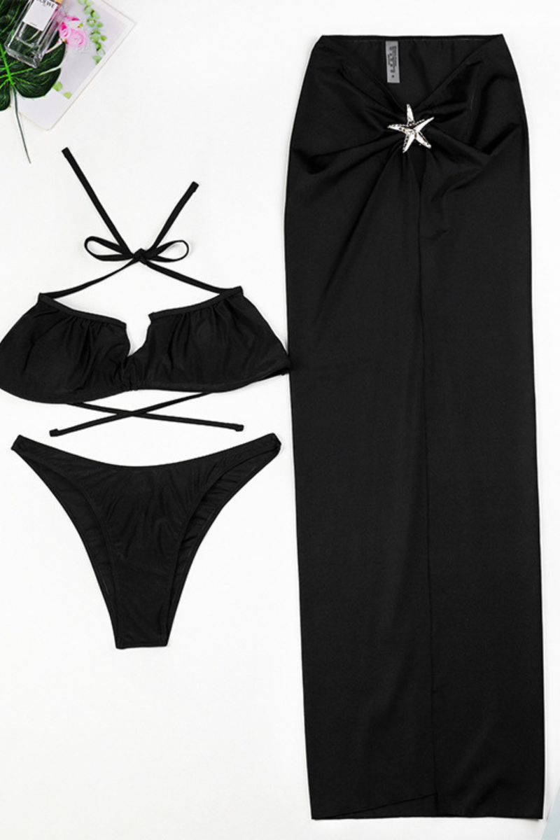Women's Metal Waist High Slit Starfish Cover-up Bikini Set