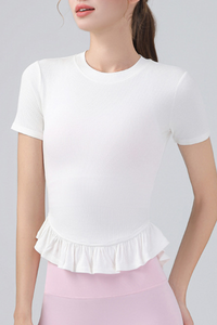 Women's Crew Neck Ruffle Hem Sports Short Sleeve Top