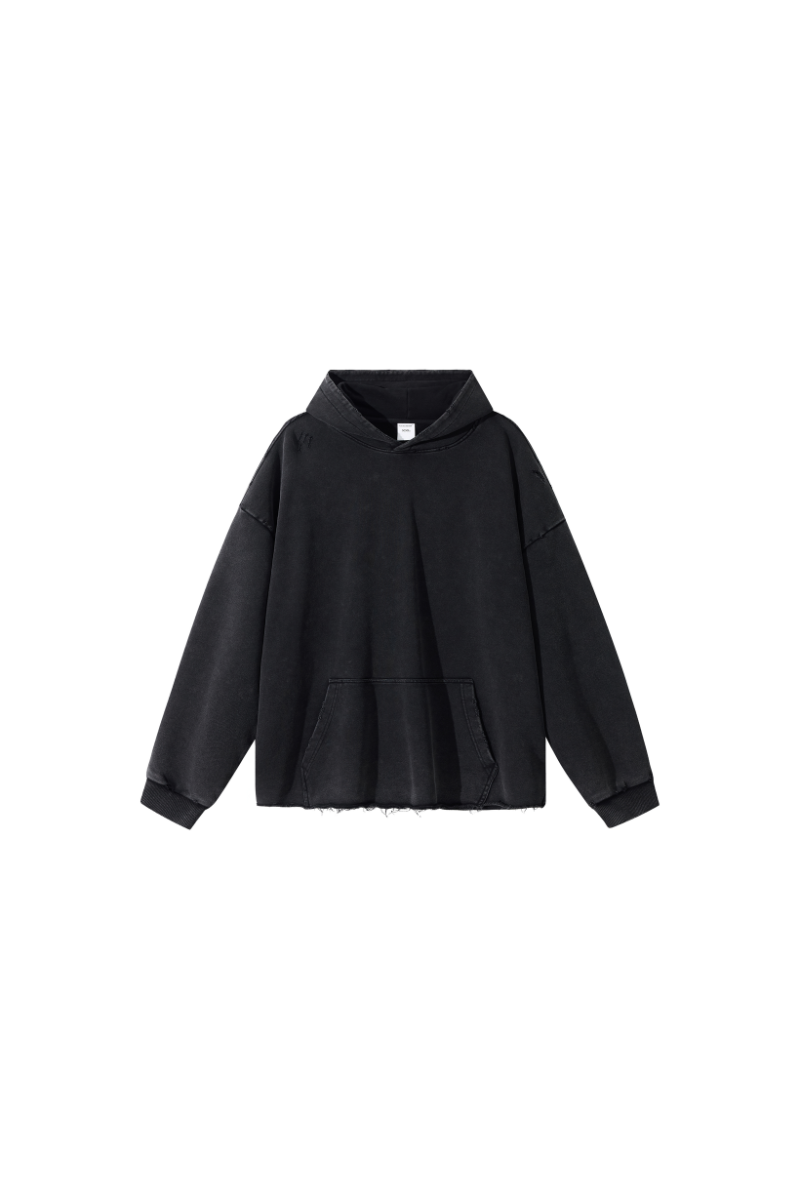 Unisex Fall Winter 100% Cotton Washed Frayed Hem Hoodie