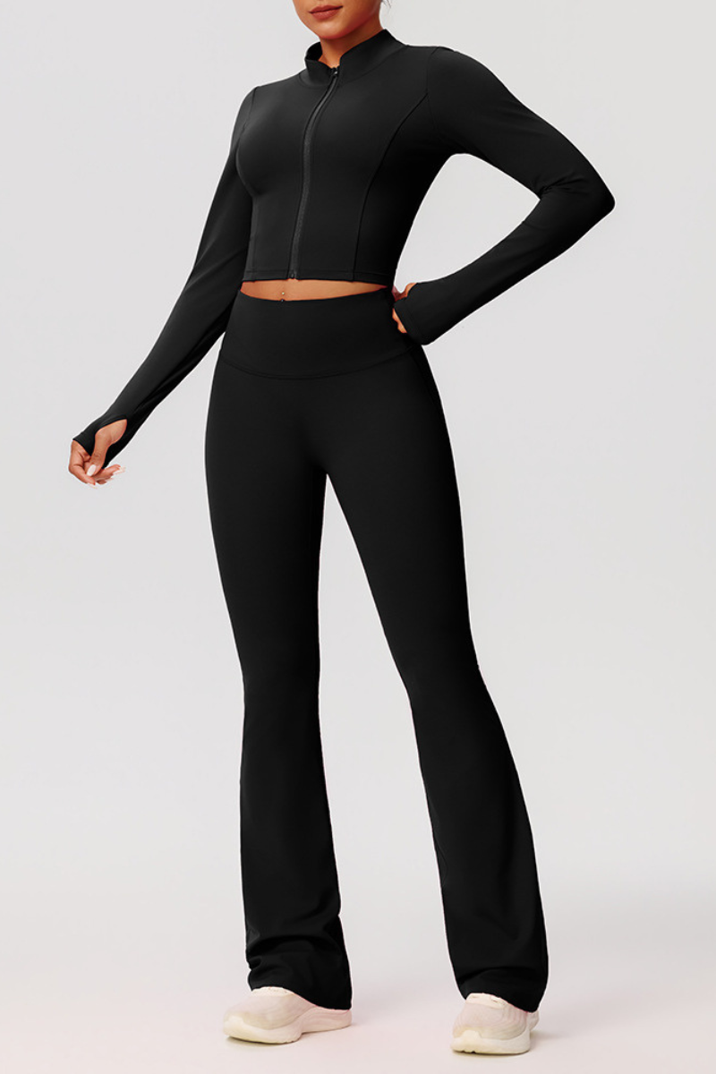 Women's Sports 3-Piece Set:Bra+Cropped Jacket+Flare Pants
