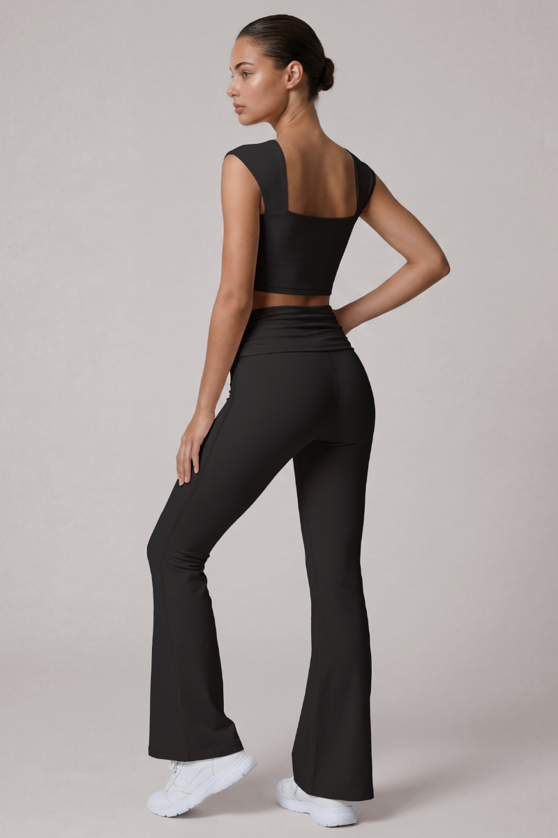 Women's Cropped Top And Pleated Waist Flare Pants Yoga Set